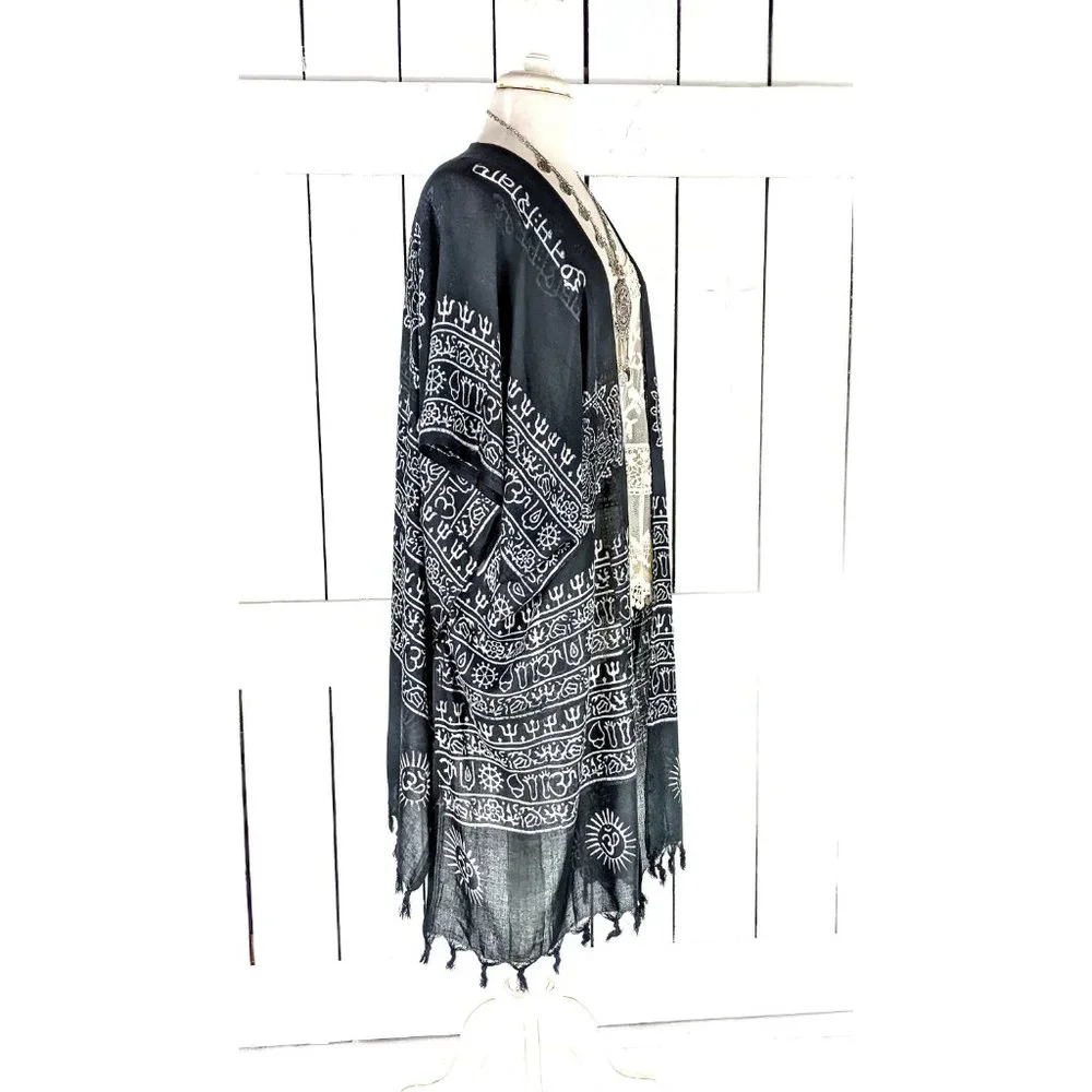 Black white om boho tassel cotton kimono cover up - Picture 3 of 4
